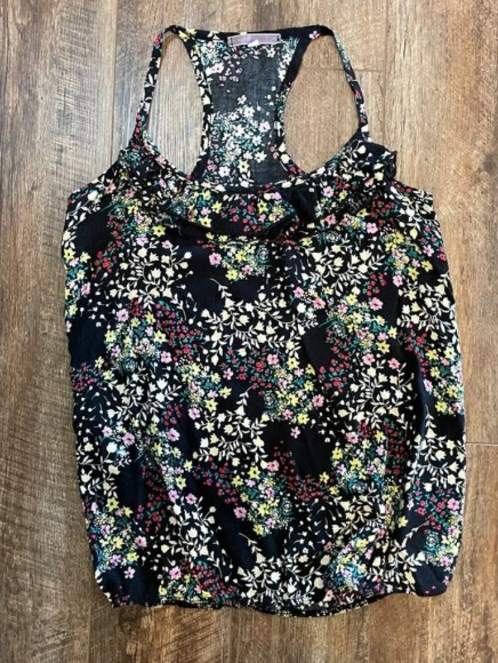 Black Vintage Ruffle Neck Racerback Floral Tank